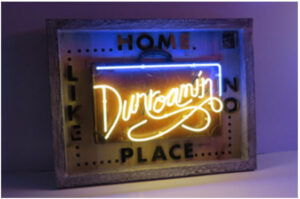 Courty light yellow blue neon sign contemporary writing dunroamin wood briefcase original