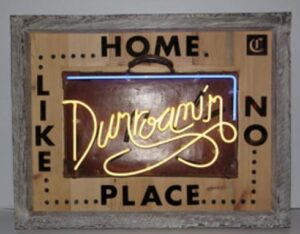 Courty light yellow blue neon sign contemporary writing dunroamin wood briefcase original