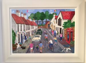 Jennifer Thomson oil canvas colourful vibrant child like buildings model village red roof retro vintage original contemporary