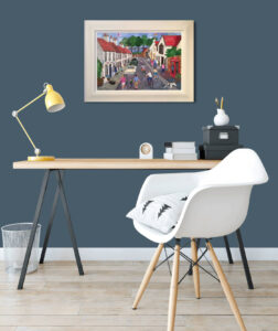 Jennifer Thomson oil canvas colourful vibrant child like buildings model village red roof retro vintage original contemporary