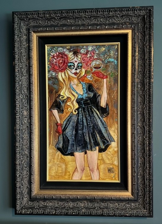 Todd White acrylic Mexican day of the dead mask woman blonde black red blue dress original