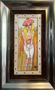 Todd White acrylic canvas woman golf pink white chequered club blonde argyle figurative original