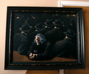 Fabian Perez nostalgic melancholy old man crowd glasses suits hats wine figurative contemporary