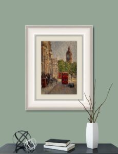 Lana Okiro London street scene Big Ben whitehall park red double decker bus phone booth commuter TFL contemporary impressionist