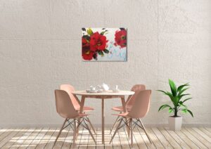 Antonio Massa red poppy flower white wall blue writing contemporary original oil canvas