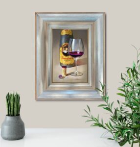 Javier Mulio oil board wine glass bottle still life realistic cork contemporary vivid original