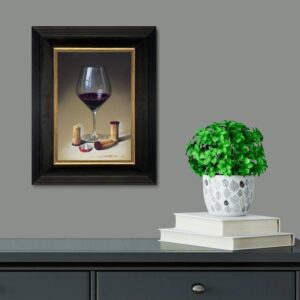 Javier Mulio board oil wine glass three corks still life realism red wine contemporary original