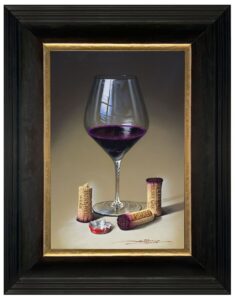 Javier Mulio board oil wine glass three corks still life realism red wine contemporary original