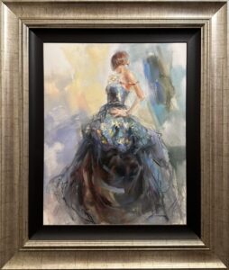 Anna Razumovskaya oil canvas spring woman dress pose contemporary blue black figurative original