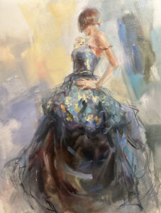 Anna Razumovskaya oil canvas spring woman dress pose contemporary blue black figurative original