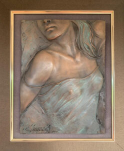 Bill Mack bronze sculpture woman female bust relief green patina transparent