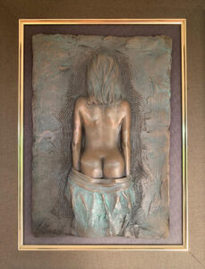 Bill Mack bronze nude sculpture woman reverse hair contemporary unique relief patina