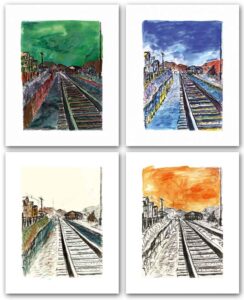 Bob Dylan train American Americana colourful green, orange, white, brown, blue collectable investment 2008 musician vivid print