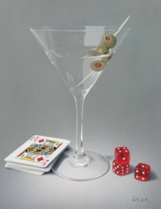 Colin Wilson still life martini glass olive dice cards games drink scottish quirky original