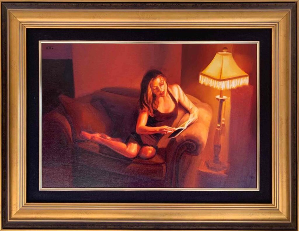 Carrie Graber woman relaxing reading sofa settee lamp vintage kitsch contemporary figurative painting oil sale