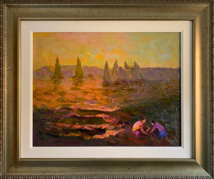 Constantine Cherkas landscape island sunny golden hour sunset boats beach figures yellow original