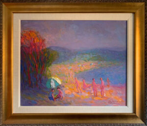 Constantine Cherkas beach landscape bright colours green blue red pink vivid dreamy sun holiday figures swim original oil