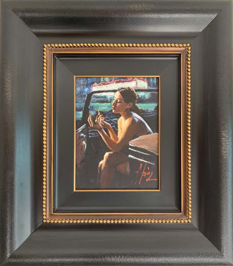 Darya with lipstick, vibrant original by Fabian Perez in car setting