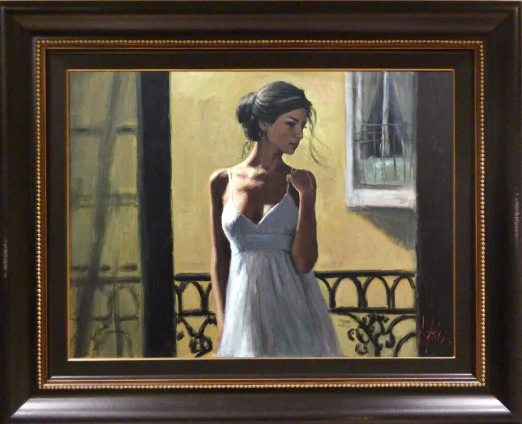 Woman on balcony overlooking city, serene, by Fabian Perez.