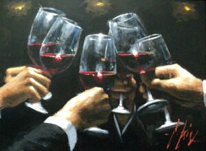 Fabian Perez wine glasses celebration festivity fun passionate timeless suit black red contemporary