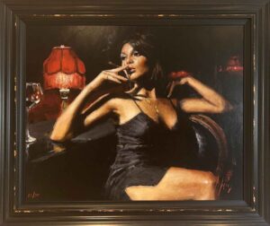 Fabian Perez woman at bar black dress jazz contemporary figurative light mystery romantic sensual