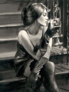 Saba on stairs, intricate ink work, Fabian Perez original