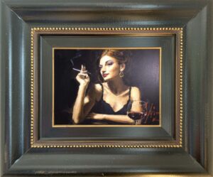 Vibrant red-haired girl, striking pose, painted by Fabian Perez.