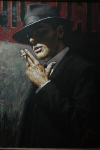 Original oil on canvas painting man at the red sign Fabian Perez artist for sale