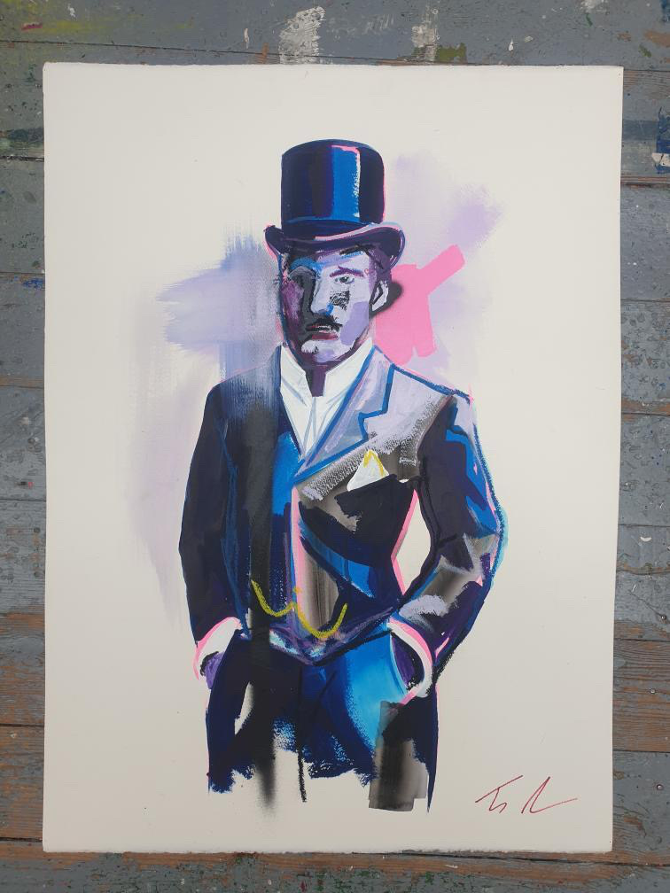 Tim Fowler man top hat tails suit blue black British tradition status collectable contemporary rare art black artist