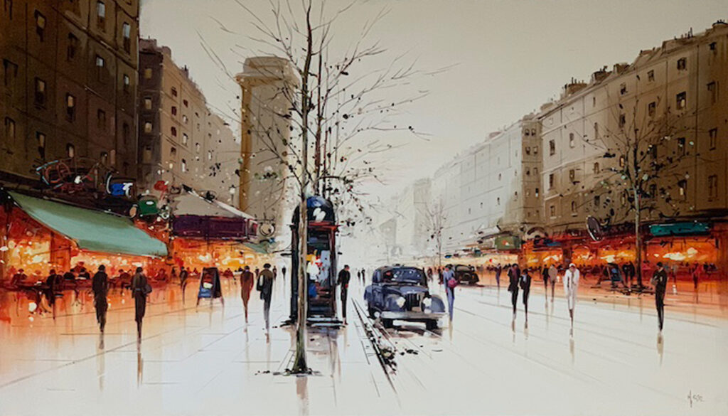 Henderson Cisz paris cafe road taxi tourists romance love city landscape orange warm acrylic contemporary urban