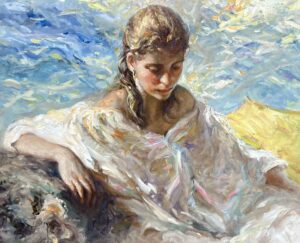 Jose Royo oil canvas woman pose spring blue impasto brushstrokes thick yellow summer white dress original