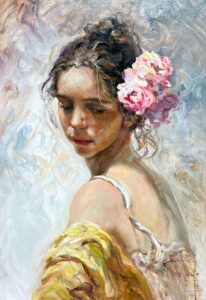 Jose Royo canvas oil woman flower hair rose pink blue yellow thick brushstrokes shoulder shrug bust original