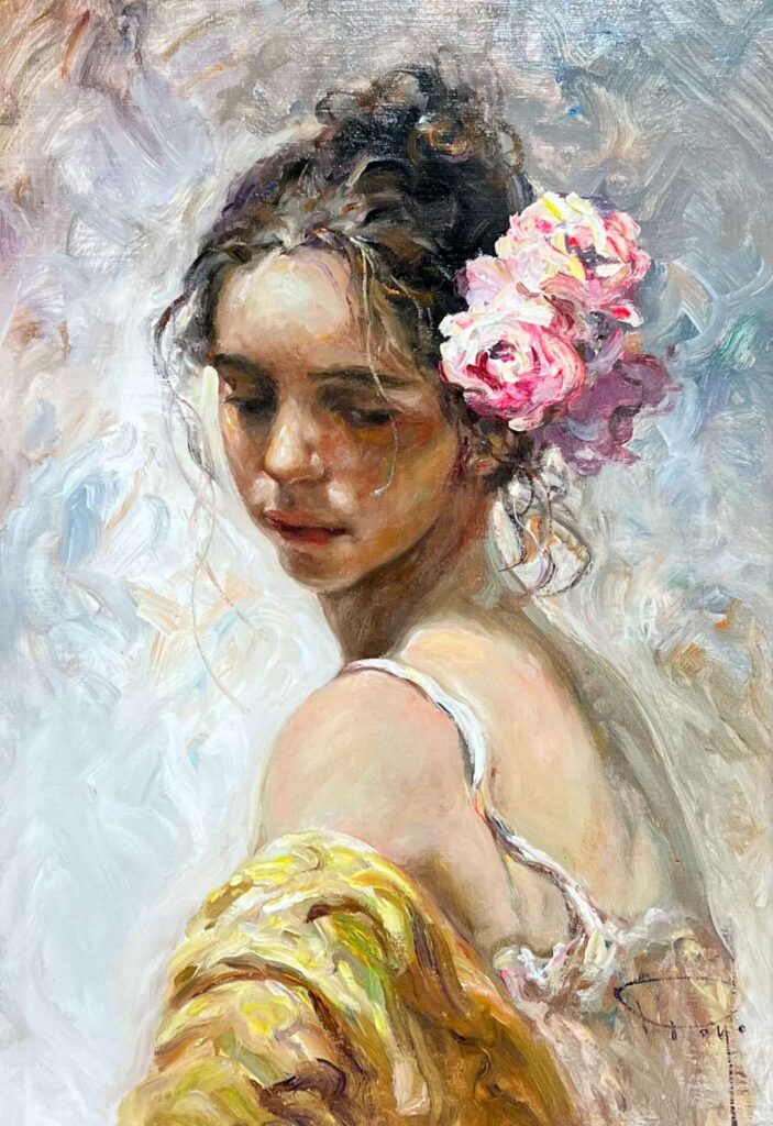 Jose Royo canvas oil woman flower hair rose pink blue yellow thick brushstrokes shoulder shrug bust original