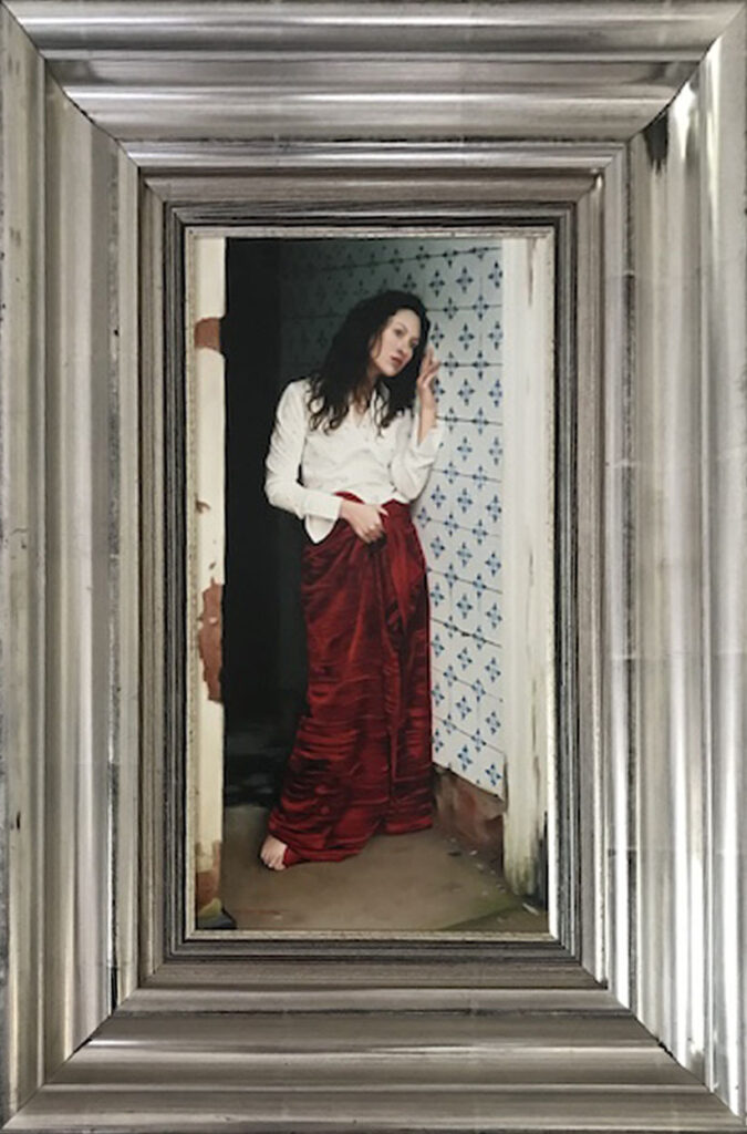 John Waterhouse female figure red cloth skirt doorway luxurious romantic sensual exotic contemporary oil painting canvas