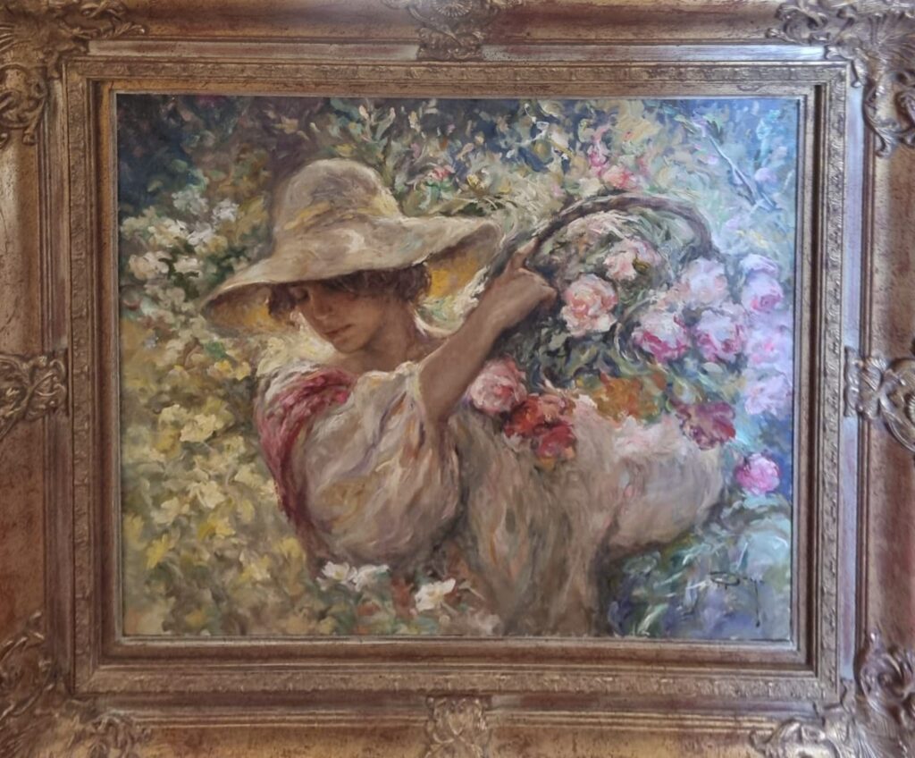 Jose Royo woman flower basket floral spring summer impressionist colour pink green rural figurative original oil