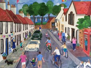 Jennifer Thomson oil canvas colourful vibrant child like buildings model village red roof retro vintage original contemporary