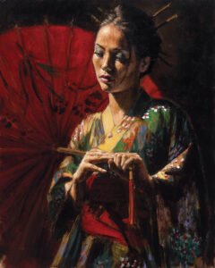 Fabian perez red woman kimono umbrella Japanese east Asian romantic contemporary figurative for sale dark