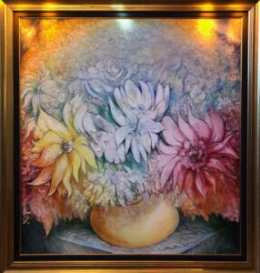 Gevorg Yeghiazaryan large canvas framed abstracted colourful contemporary flowers blue pink for sale