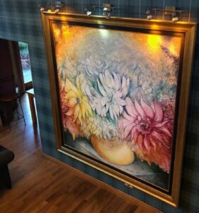 Gevorg Yeghiazaryan large canvas framed abstracted colourful contemporary flowers blue pink for sale