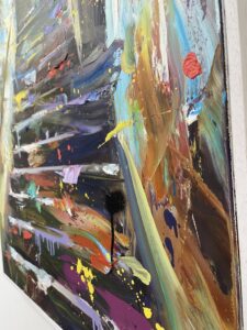 Original oil on linen painting for sale depicting staircase vibrant colours Paul Wright