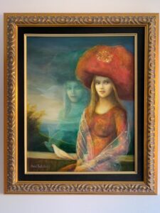 Rina Sutzkever doves renaissance portrait landscape european birds woman green blue ghostly spiritual for sale