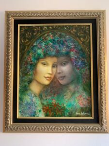 Rina Sutzkever green fantasy folk raphaelite millais opehlia woman portrait abstracted contemporary for sale