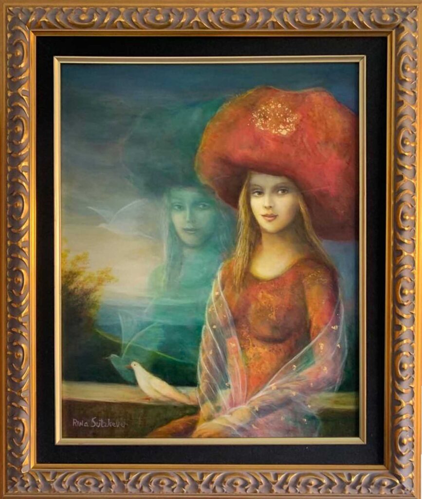 Rina Sutzkever doves renaissance portrait landscape european birds woman green blue ghostly spiritual for sale