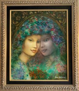 Rina Sutzkever green fantasy folk raphaelite millais opehlia woman portrait abstracted contemporary for sale