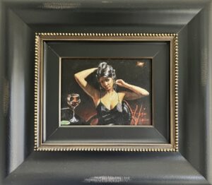 Fabian Perez woman black dress romantic alluring bar wine drink contemporary figurative for sale sold out sensual golden light red