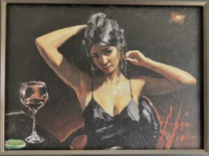 Fabian Perez woman black dress romantic alluring bar wine drink contemporary figurative for sale sold out sensual golden light red