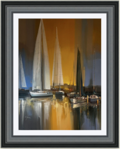 Wilfred Lang acrylic boats yachts sails harbour marine ocean sailing golden hour sunshine morning dusk light yellow orange grey