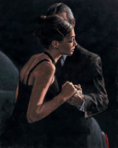 Fabian Perez man woman suit black dress marriage fiance engaged proposal romantic dark contemporary figurative for sale