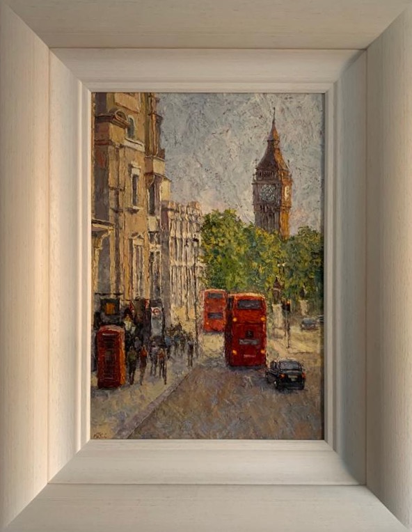 Lana Okiro London street scene Big Ben whitehall park red double decker bus phone booth commuter TFL contemporary impressionist