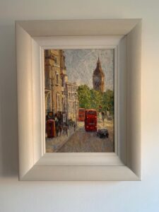 Lana Okiro London street scene Big Ben whitehall park red double decker bus phone booth commuter TFL contemporary impressionist